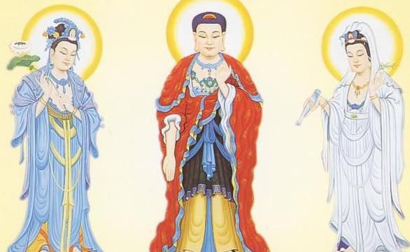 西方三圣：中间是阿弥陀佛，左边大势至菩萨，右边为观世音菩萨组成